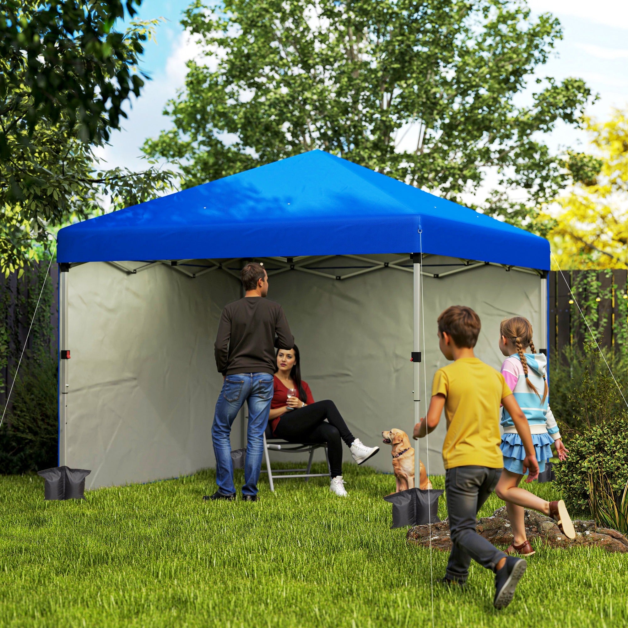 Outsunny 3 x 3 (M) Pop Up Gazebo, UPF 30+ with 2 Sidewalls, Leg Weight Bags and Wheeled Bag, Height Adjustable Party Tent Event Shelter for Garden, Patio, Blue 