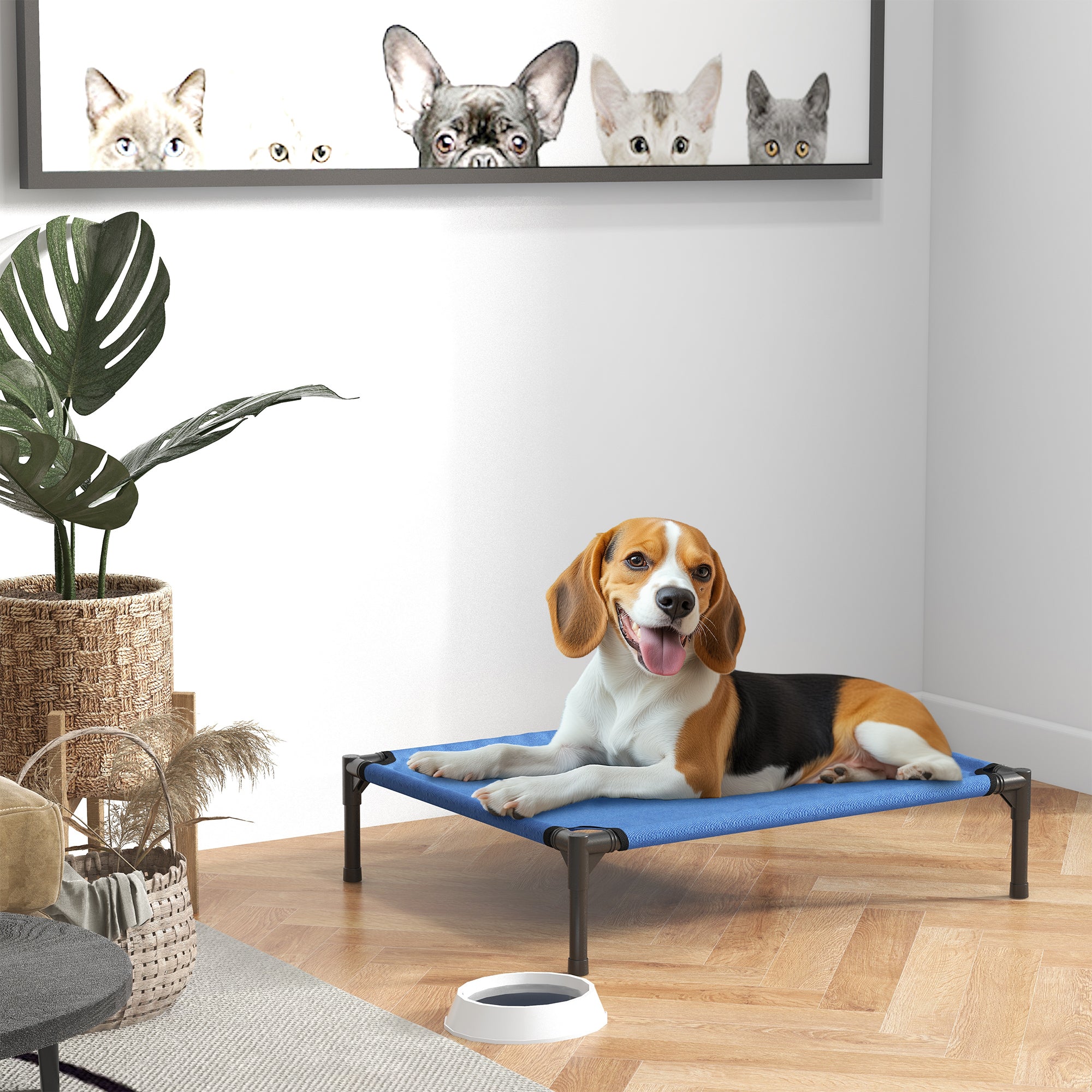 PawHut Raised Dog Bed Cat Elevated Lifted Portable Camping w/ Metal Frame Blue (Medium) 