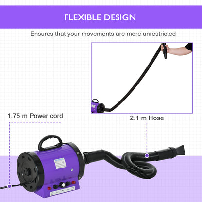 PawHut 2800W Dog Hair Dryer Pet Grooming Blaster Water Blower Dryer w/ 3 Nozzles, Purple 