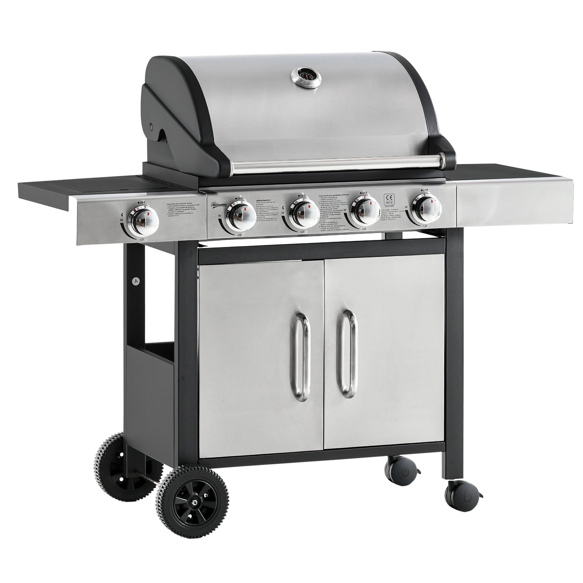 Outsunny Gas Barbecue Grill 4+1 Burner Garden Smoker BBQ Trolley w/ Side Burner Warming Rack Side Shelves Storage Cabinet Piezo Ignition Thermometer Stainless Steel + Metal 