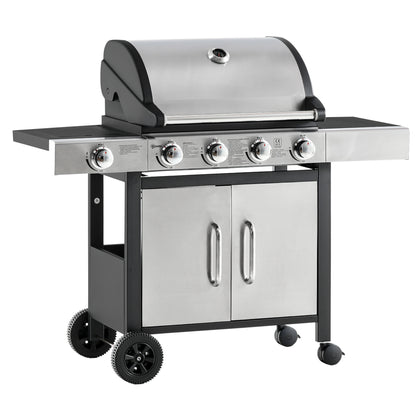 Outsunny Gas Barbecue Grill 4+1 Burner Garden Smoker BBQ Trolley w/ Side Burner Warming Rack Side Shelves Storage Cabinet Piezo Ignition Thermometer Stainless Steel + Metal 