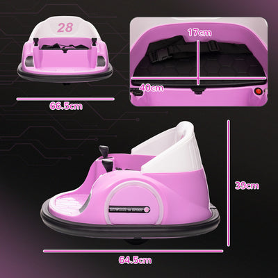 AIYAPLAY 360\'c2\'b0 Rotation Kids Bumper Car, 12V Waltz Car with Remote Control, Dual Joystick, Music, Lights, Pink 