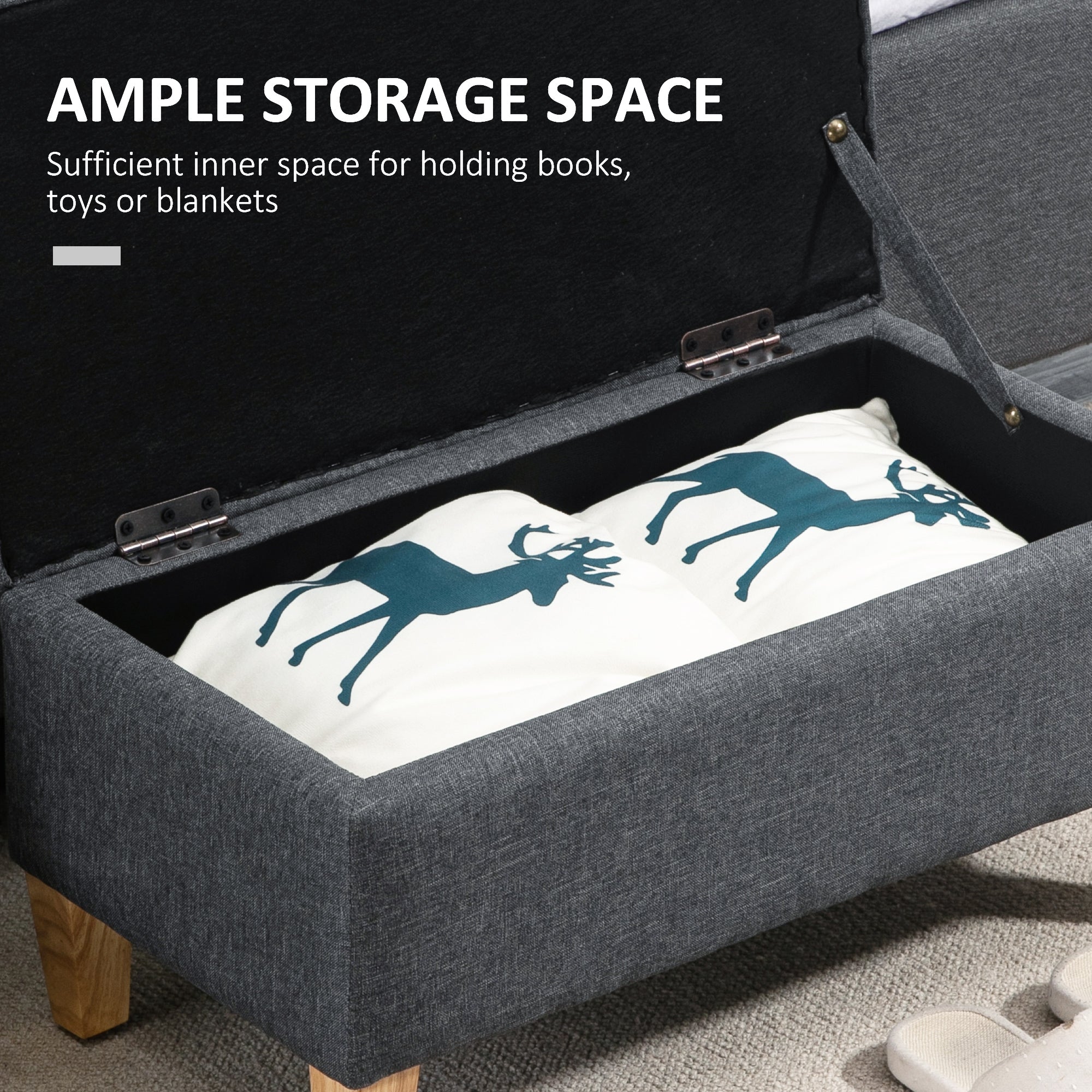 HOMCOM Linen Storage Ottoman Padded Footstool with Rubberwood Legs for Storage Box, Bed End, Shoe Bench, Seating, Dark Grey