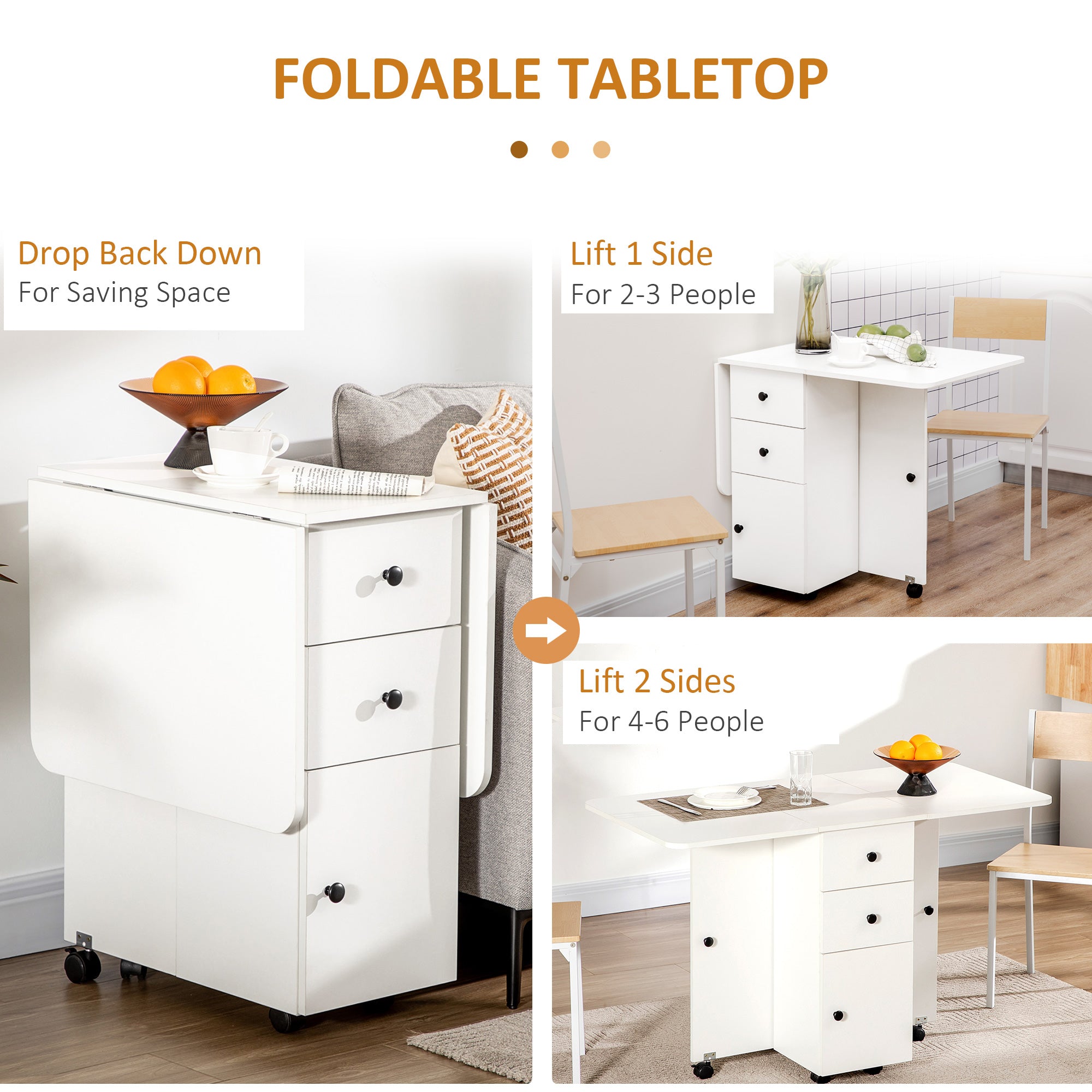 HOMCOM Multi-Storage Six-Person Drop Leaf Dining Table -  White