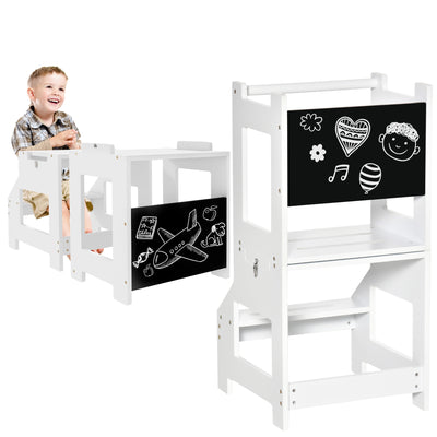 HOMCOM 2 in 1 Kids Kitchen Step Stool with Safety Rail Toddler Steps with Chalkboard for Kitchen Bathroom, White 