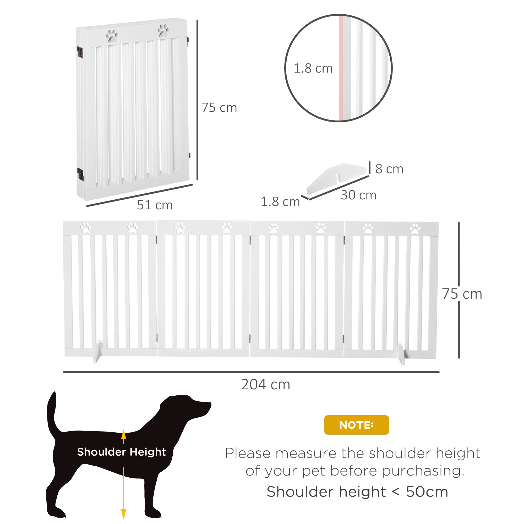 PawHut Wooden Pet Gate Foldable Freestanding Dog Safety Barrier w/ Support Feet 