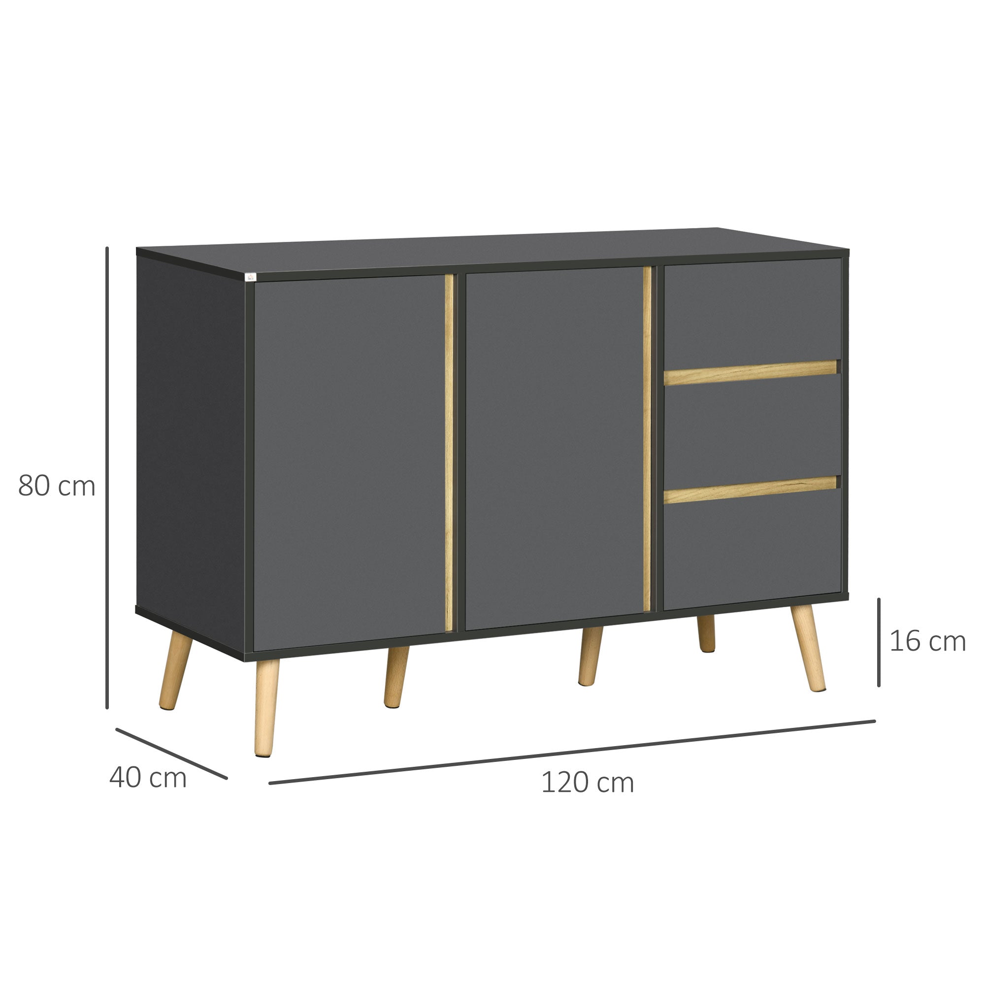 HOMCOM Sideboard, Modern Kitchen Cupboard with Double Doors and 3 Drawers, Adjustable Shelves for Living Dining Room, Dark Grey 
