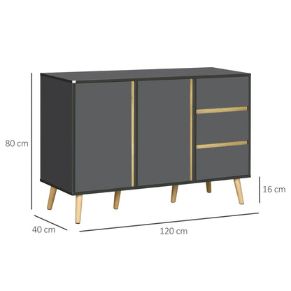 HOMCOM Sideboard, Modern Kitchen Cupboard with Double Doors and 3 Drawers, Adjustable Shelves for Living Dining Room, Dark Grey 