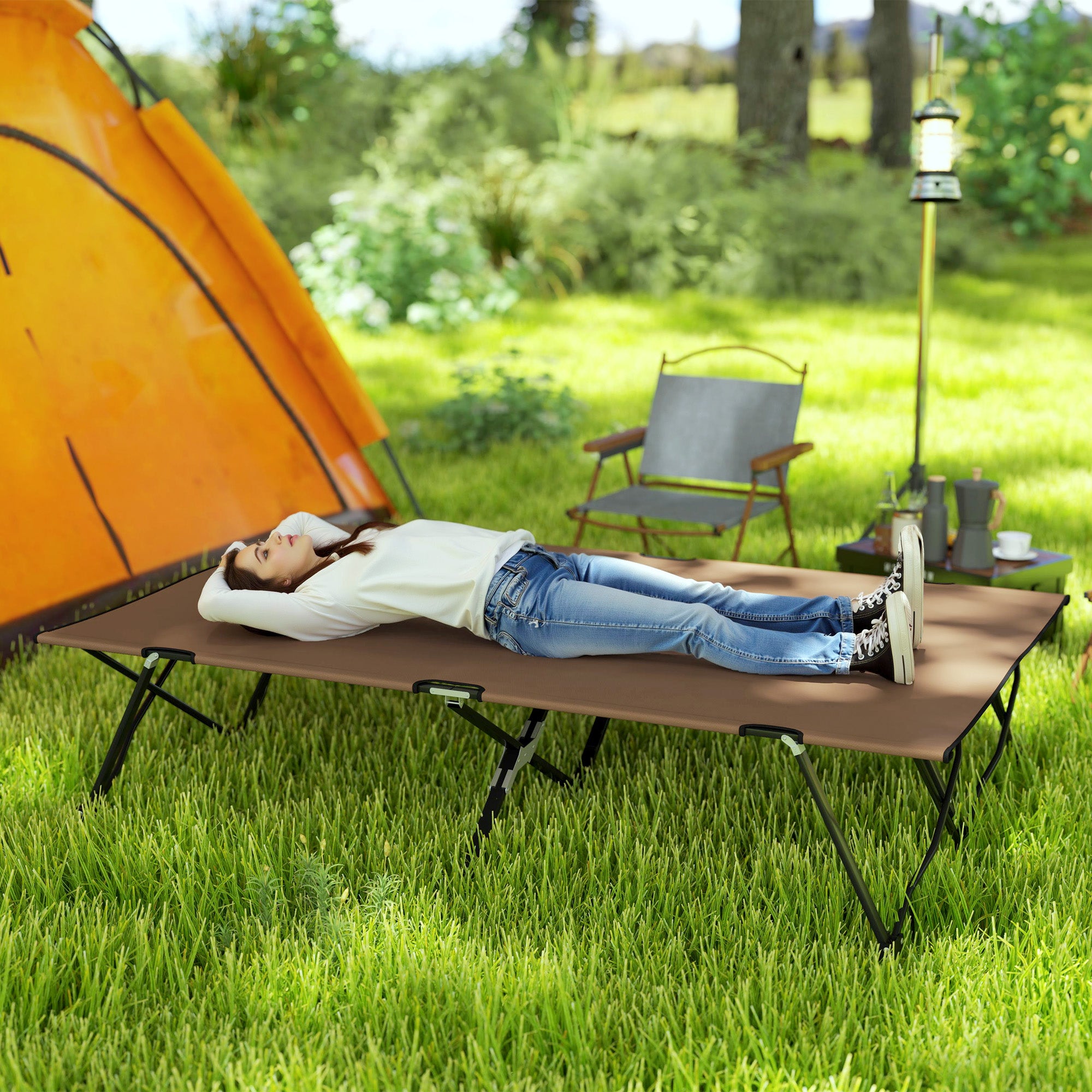 Outsunny Double Camping Cot Bed, with Bag - Khaki 