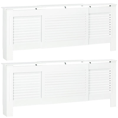 HOMCOM Set of 2 MDF Extendable Radiator Cover with Cabinet Shelving, Home Office Slatted Design, White 139-208.5L x 20.5W x 82.5H cm 