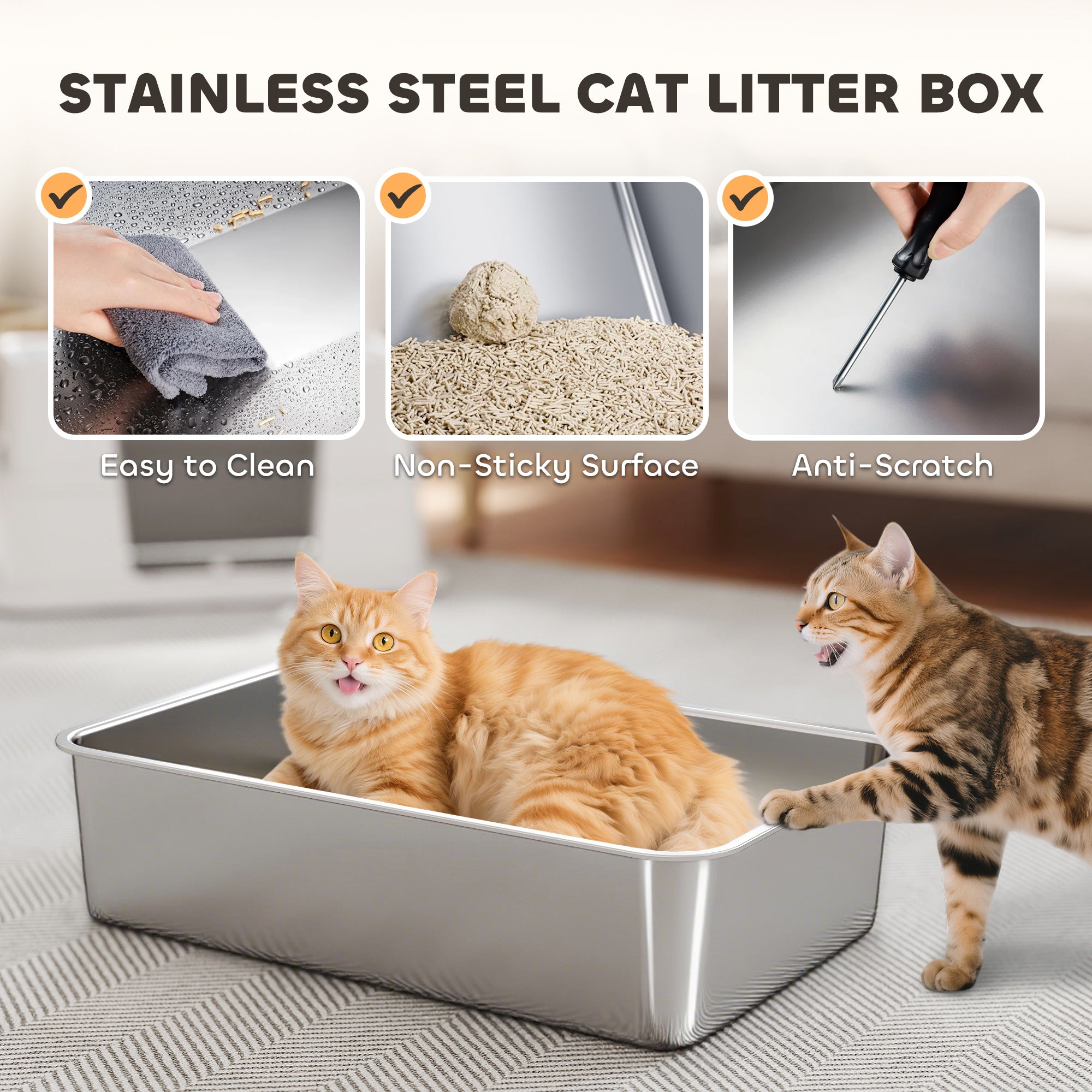 PawHut XL Stainless Steel Litter Box w/ 100° Flip Top, Scoop, Side Top Dual Entry, Odor Free, Easy Cleaning, Anti Leakage 