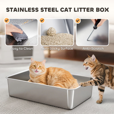 PawHut XL Stainless Steel Litter Box w/ 100° Flip Top, Scoop, Side Top Dual Entry, Odor Free, Easy Cleaning, Anti Leakage 