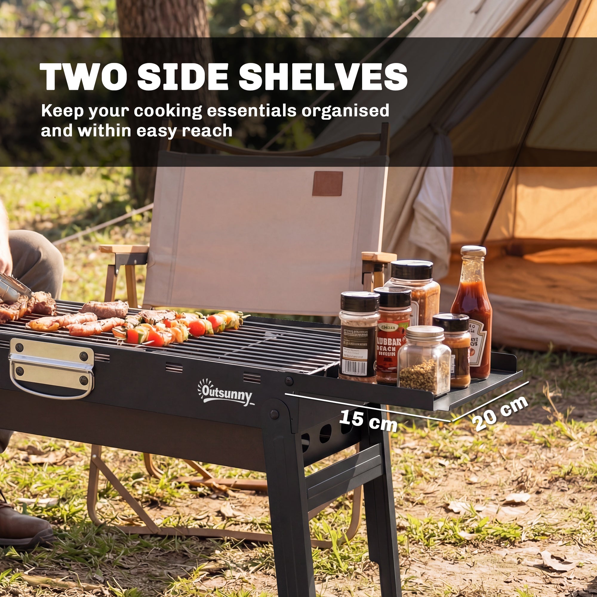 Outsunny Portable BBQ Grill, Foldable Charcoal Grill for Camping and Picnics with 2 Side Shelves and Handle, Black 