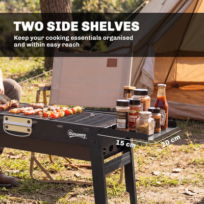 Outsunny Portable BBQ Grill, Foldable Charcoal Grill for Camping and Picnics with 2 Side Shelves and Handle, Black 