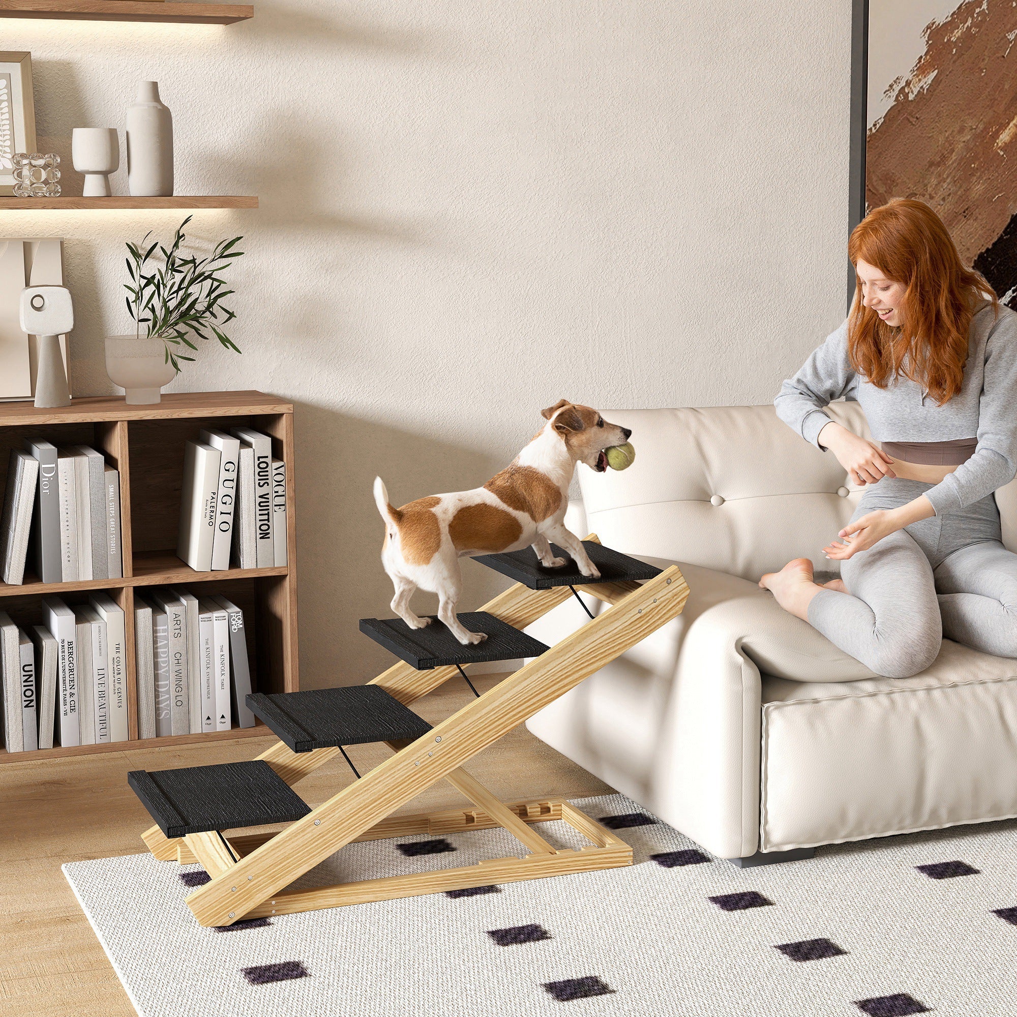 PawHut Adjustable Dog Steps Dog Ramp, 4-Step Non-slip Pet Stairs for Large Sized Dogs, Foldable Dog Stairs for Bed Sofa 