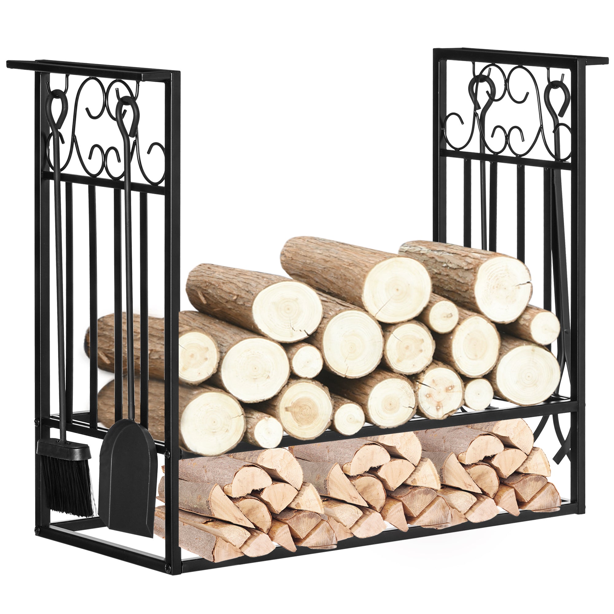 HOMCOM Steel Firewood Log Holder Indoor Outdoor Firewood Rack Fireplace Wood Storage Shelf with 4 Tools, Hooks, Scrolls, Rust-Resistant, Black, 75L x 30W x 60H cm 