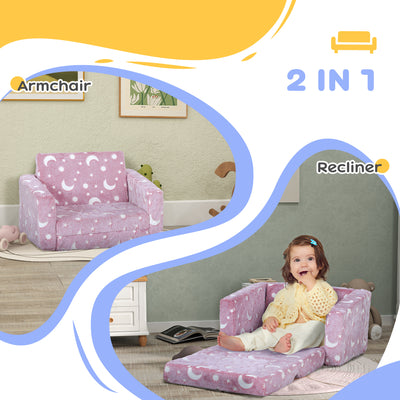AIYAPLAY 2 in 1 Kids Folding Bed Armchair with Glow in The Dark Cosmic Design, Washable Cushion and Cover, Pink 
