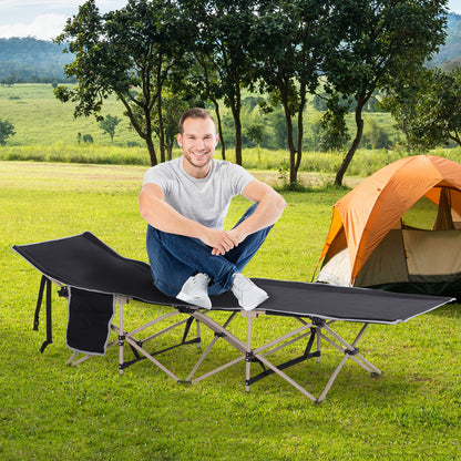 Outsunny Single Person Camping Bed Folding Cot Outdoor Patio Portable Military Sleeping Bed Travel Guest Leisure Fishing with Side Pocket and Carry Bag - Black 