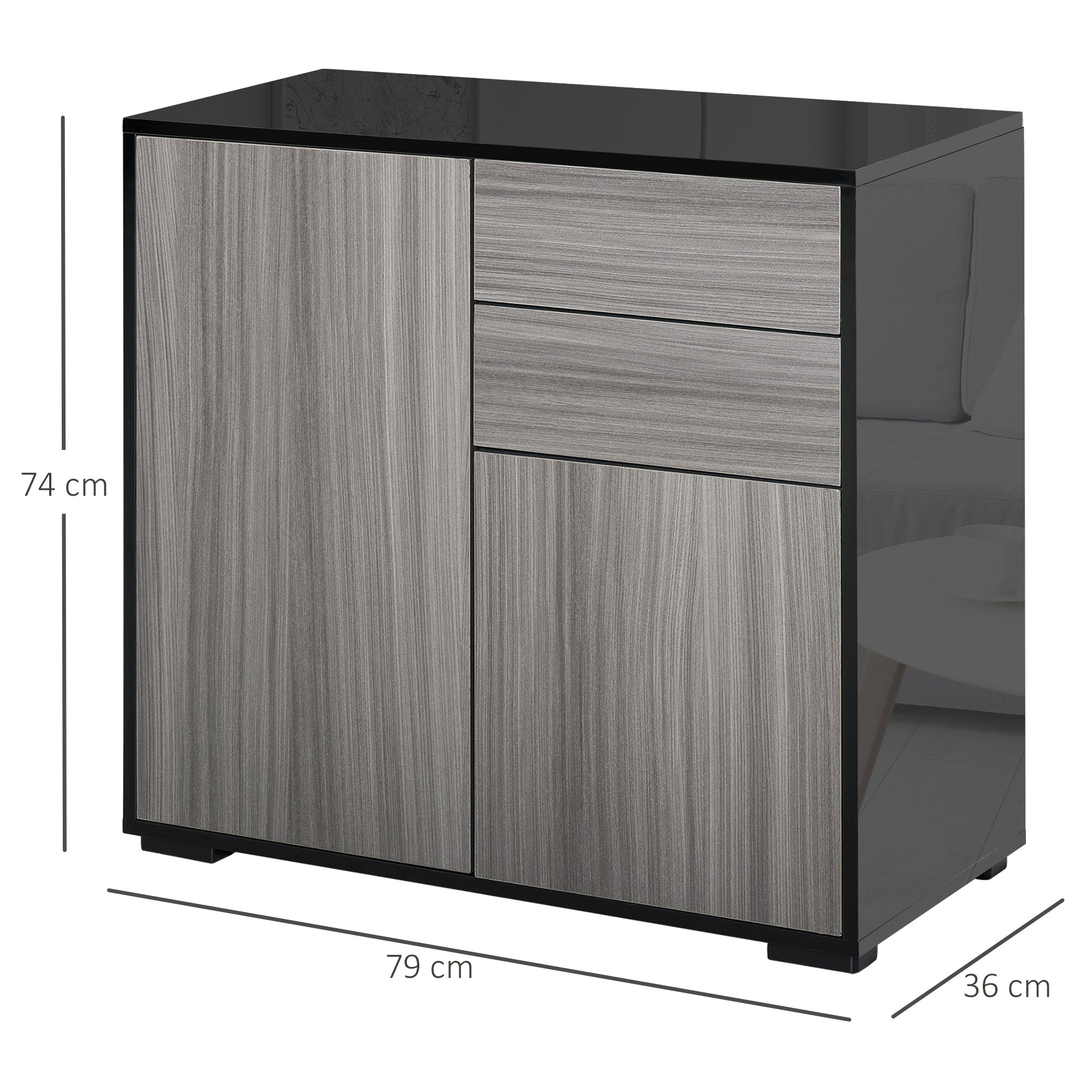 HOMCOM High Gloss Frame Sideboard, Push-Open Design with 2 Drawer for Living Room, Bedroom, 74H x 79W x 36Dcm, Light Grey and Black 
