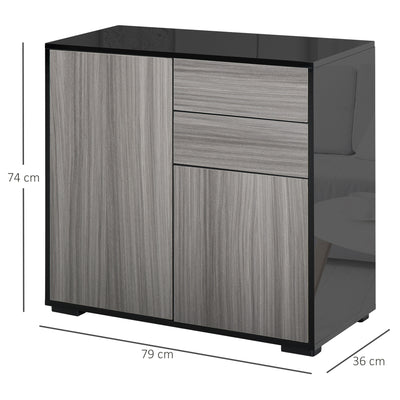 HOMCOM High Gloss Frame Sideboard, Push-Open Design with 2 Drawer for Living Room, Bedroom, 74H x 79W x 36Dcm, Light Grey and Black 