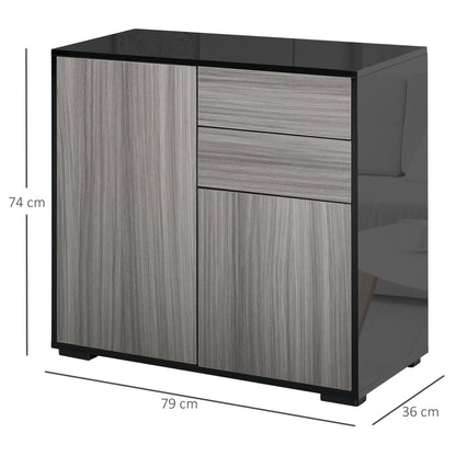 HOMCOM High Gloss Frame Sideboard, Push-Open Design with 2 Drawer for Living Room, Bedroom, 74H x 79W x 36Dcm, Light Grey and Black 