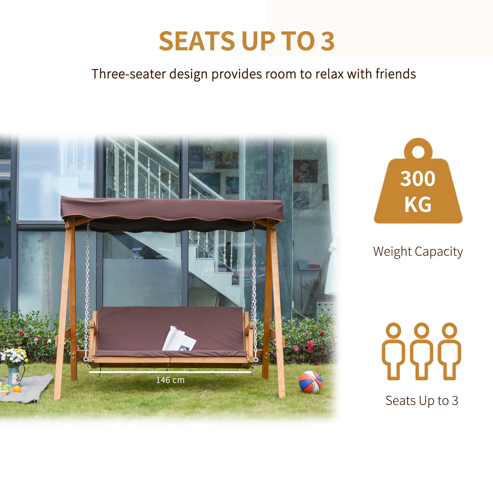 Outsunny 3 Seater Garden Swing Seat Outdoor Swing Chair with Adjustable Canopy, Wooden Hammock Bench with  Padded Cushions for Patio Yard, Brown 