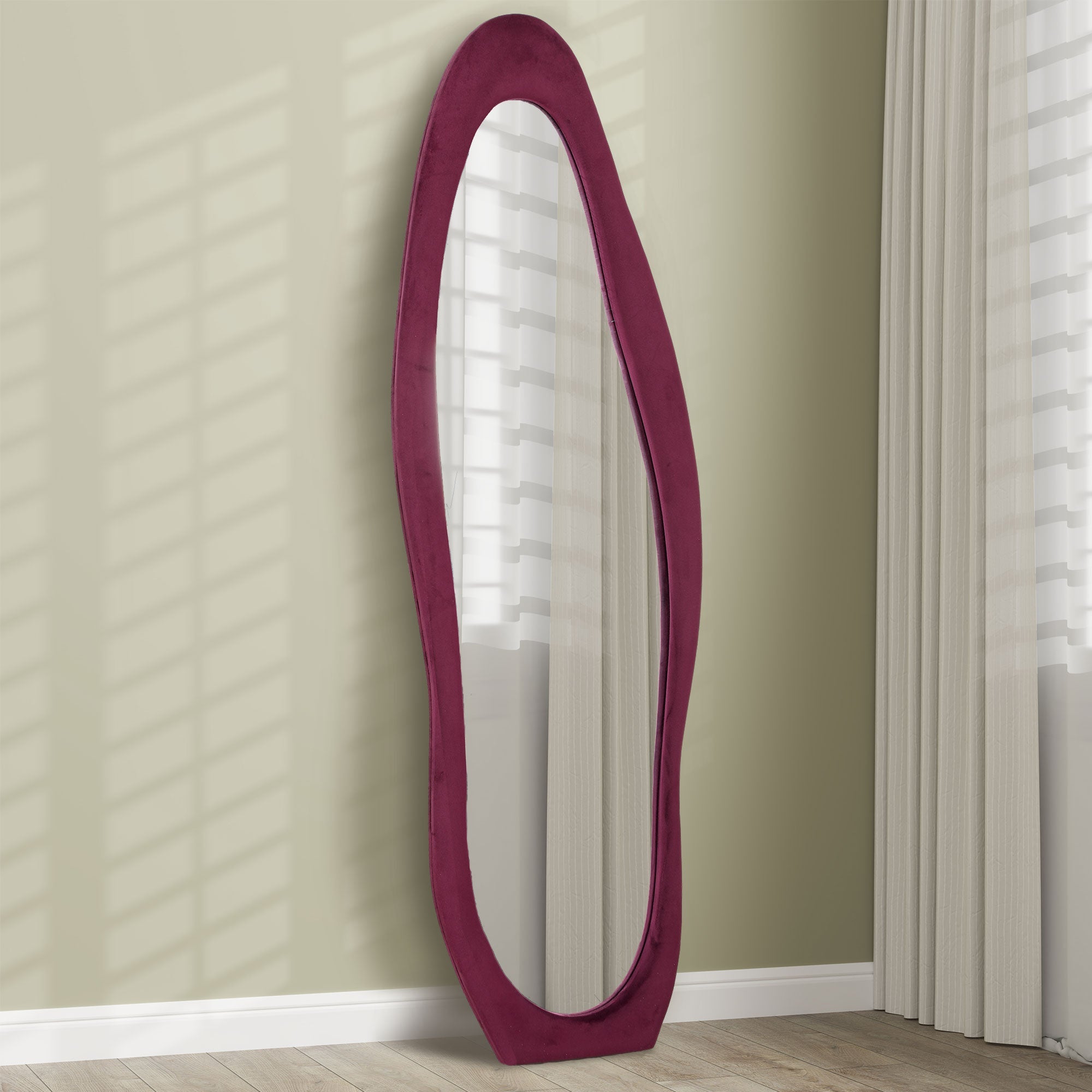 HOMCOM Wavy Velvet-Feel Full Length Mirror - Wine Red 