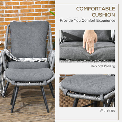 Outsunny String Rattan Armchair and Footstool Set, with Cushions - Grey 