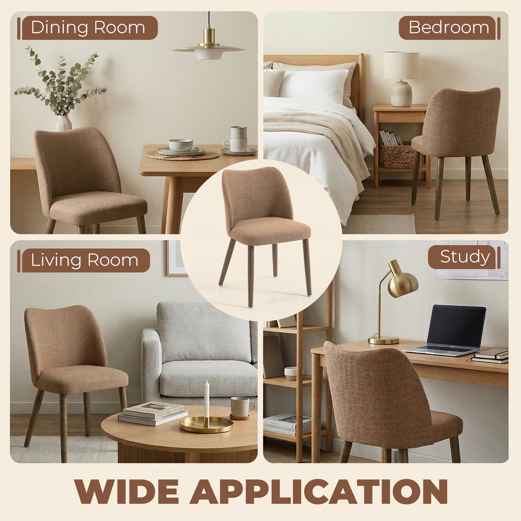HOMCOM Dining Chairs Set of 2, Linen Upholstered Kitchen Chairs with Padded Seat, Curved Backrest, Rubberwood Legs, Brown 