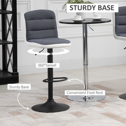 HOMCOM Bar Stools Set of 2, Height Adjustable Bar Chairs in Fabric and Faux Leather, 360° Swivel Kitchen Stool with Backrest and Footrest, Dark Grey 