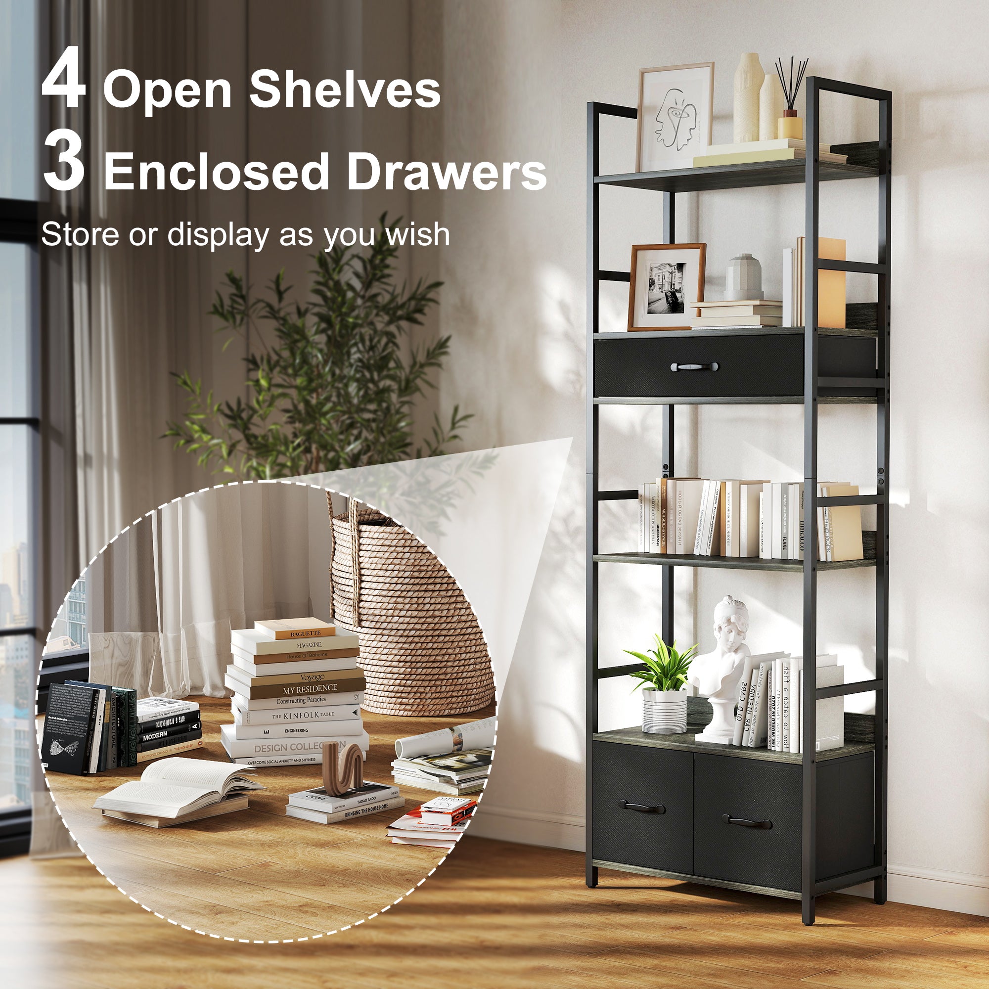 HOMCOM Industrial Style Bookcase, with 4 Shelves and 3 Fabric Drawers - Grey/Black 