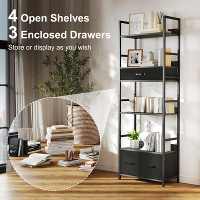 HOMCOM Industrial Style Bookcase, with 4 Shelves and 3 Fabric Drawers - Grey/Black 