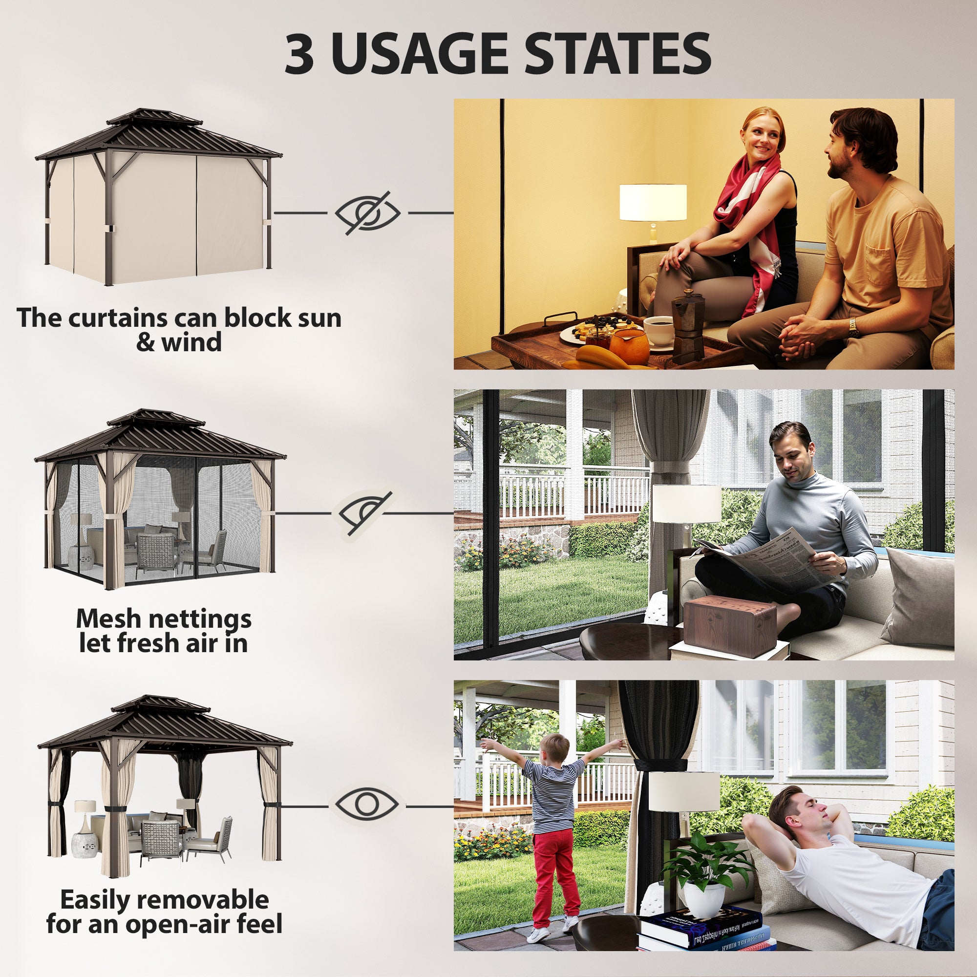 Outsunny 3x3 m Hardtop Gazebo Canopy with UPF50+ Double Galvanised Steel Roof, Aluminium Garden Gazebo Permanent Pavilion, Brown 