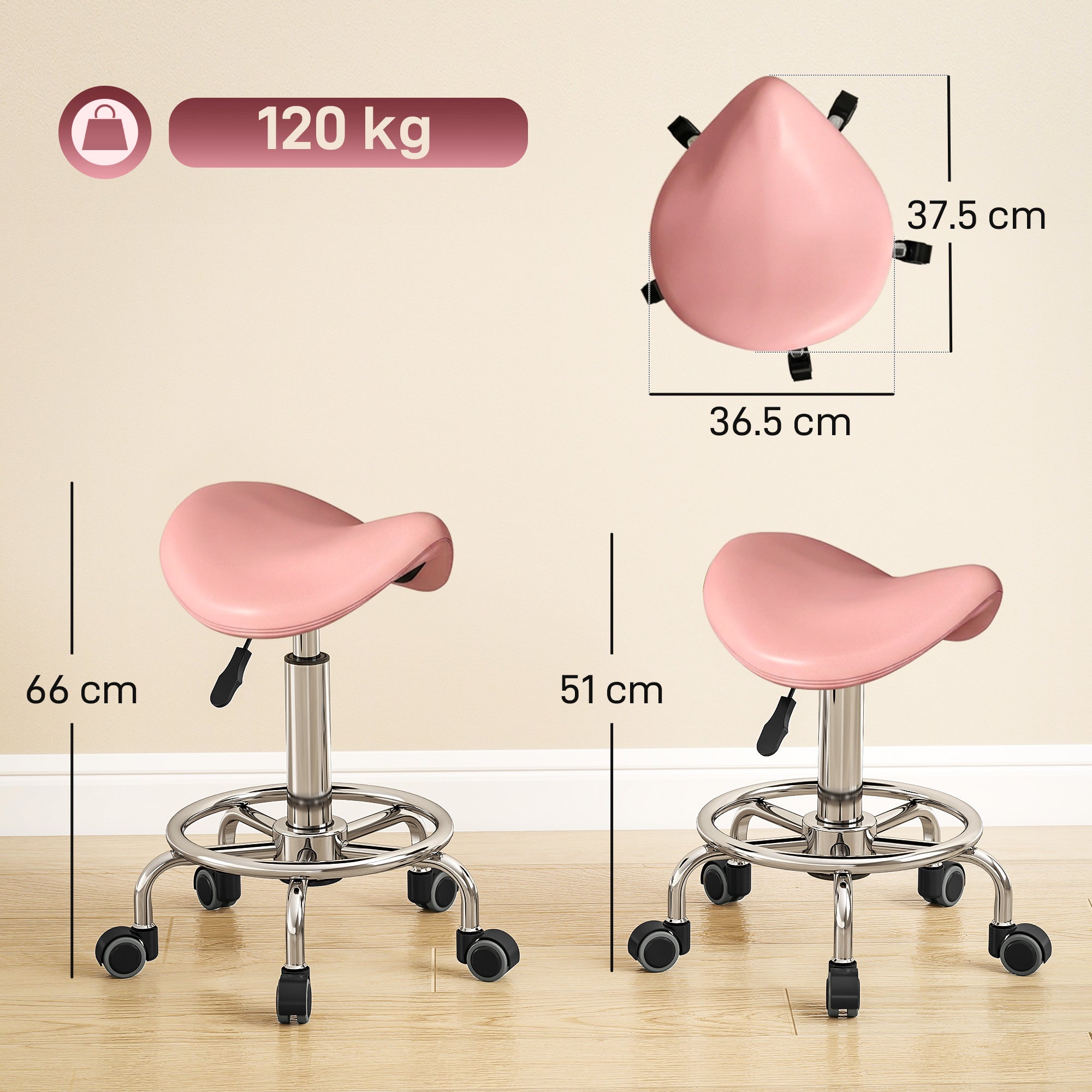 HOMCOM Salon Saddle Stool, Rolling Saddle Chair for Massage, Spa, Clinic, Beauty, Hairdressing and Tattoo, Pink 
