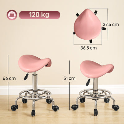HOMCOM Salon Saddle Stool, Rolling Saddle Chair for Massage, Spa, Clinic, Beauty, Hairdressing and Tattoo, Pink 