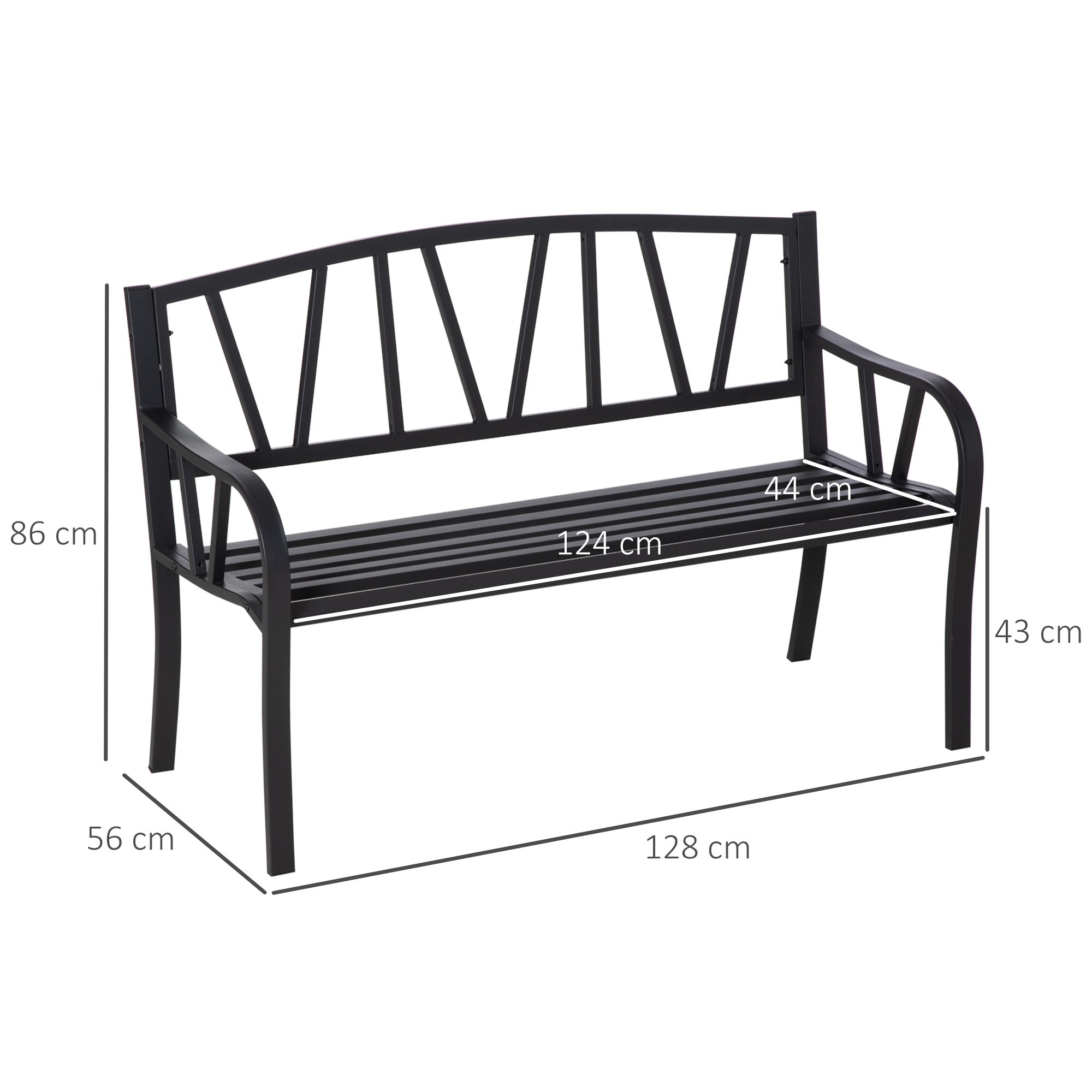 Outsunny 2-Seater Garden Bench Metal Loveseat w/ Decorative Backrest Ergonomic Armrest 