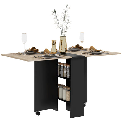 HOMCOM Folding Dining Table, Drop Leaf Table with 2-Tier Shelves, Rolling Casters, for Small Spaces, Kitchen, Oak and Black 