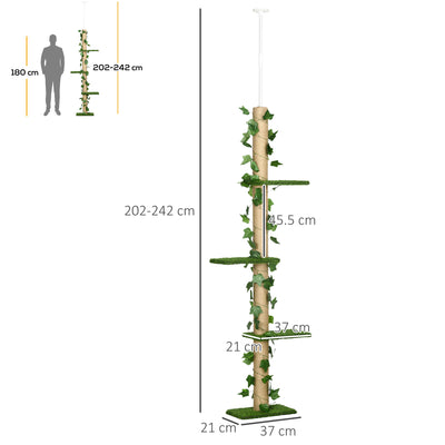 PawHut 242cm Adjustable Floor-To-Ceiling Cat Tree, with Artificial Decoration, Perches, Anti-Slip Kit - Green 