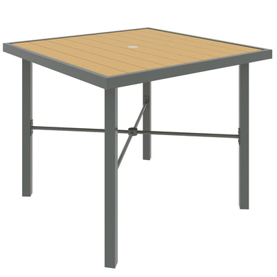 Outsunny Garden Table, 90cm Square Outdoor Patio Dining Table with 4.2 cm Umbrella Hole, Metal Frame, Wood Effect Top, for Terrace, Balcony, Natural Wood Finish 