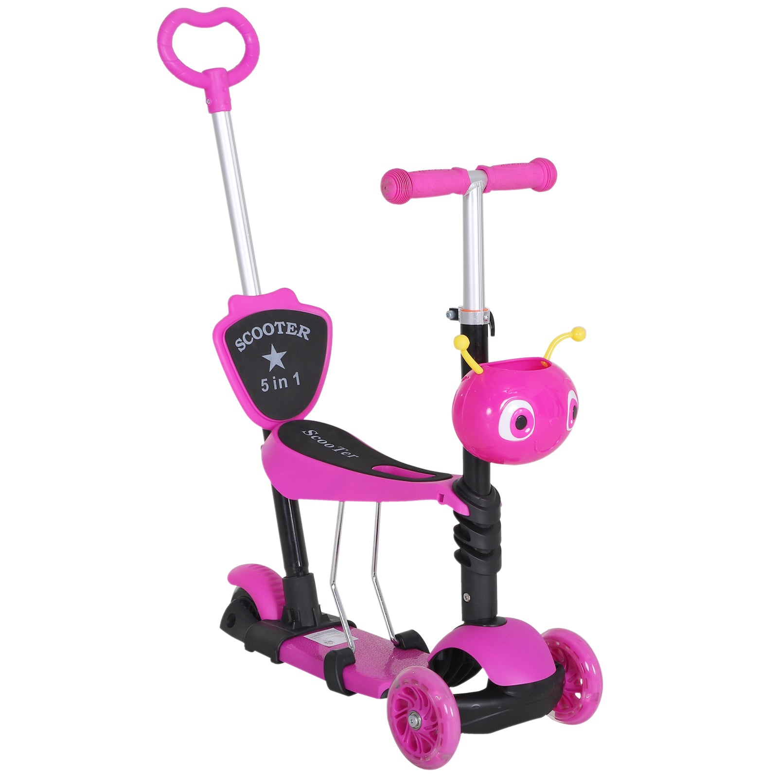 HOMCOM 5 in1 Kids  Scooter 3 Wheel Toddler scooter Kick Scooter with Adjustable Handlebar, Removable Seat & Back Rest for 18 Month+, Pink 
