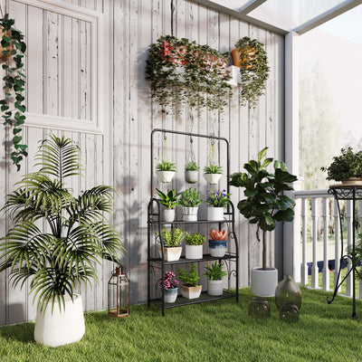 Outsunny 3 Tier Plant Stand with Hanging Rod and Hooks, Metal Plant Rack Shelf, Ladder Flower Pot for Indoor Outdoor Porch Balcony Living Room Bedroom, Black 