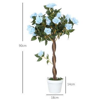Outsunny Set of 2 Artificial Plants White Rose Floral in Pot, Fake Plants for Home Indoor Outdoor Decor, 90cm, Light Blue 