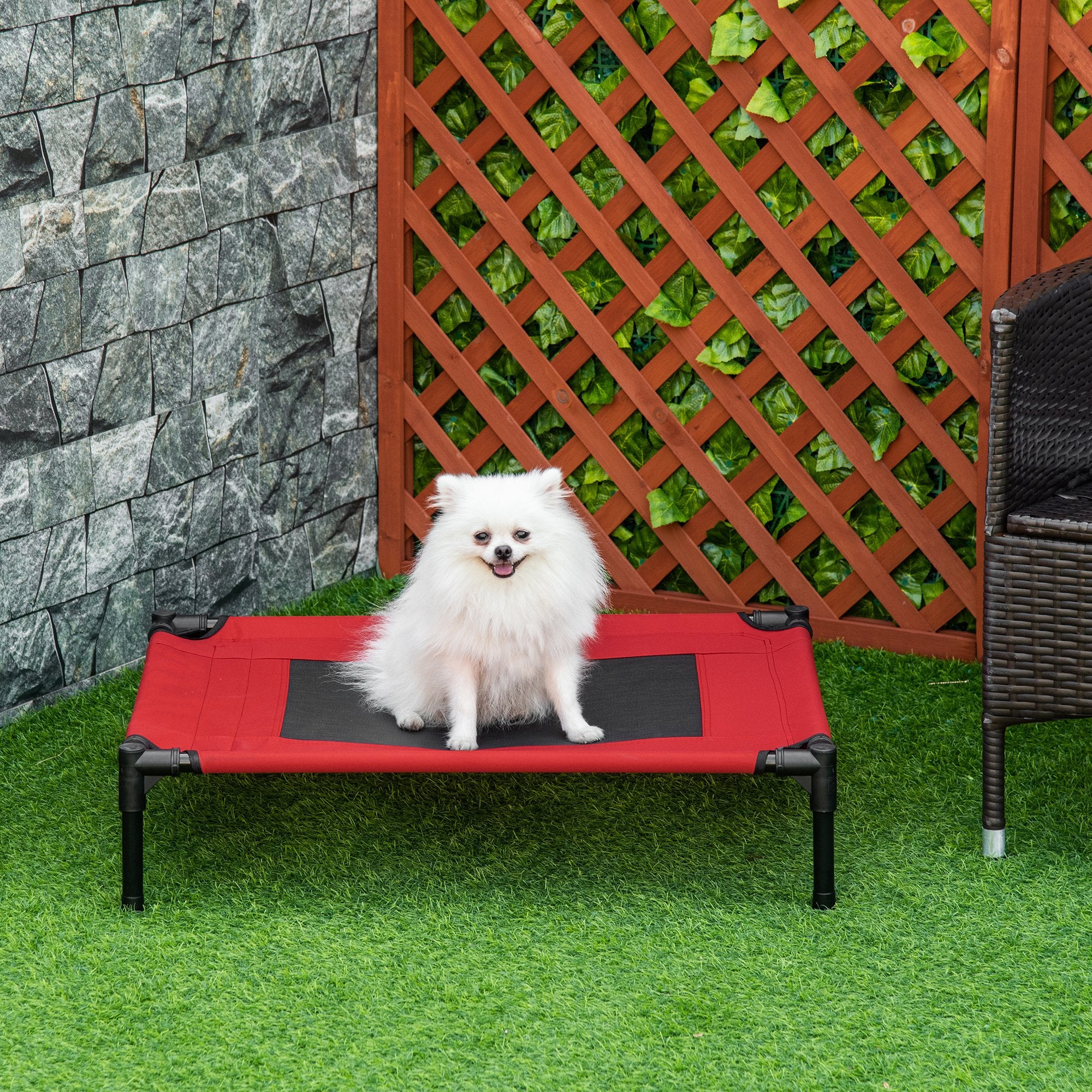PawHut Raised Dog Bed Cat Elevated Lifted Portable Camping w/ Metal Frame Black and Red (Medium) 