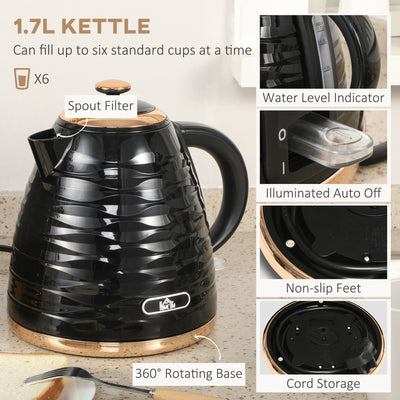 HOMCOM Kettle and Toaster Sets, 3000W 1.7L Rapid Boil Kettle & 4 Slice Toaster with 7 Browning Controls, Defrost, Reheat and Crumb Tray, Otter thermostat, Black 