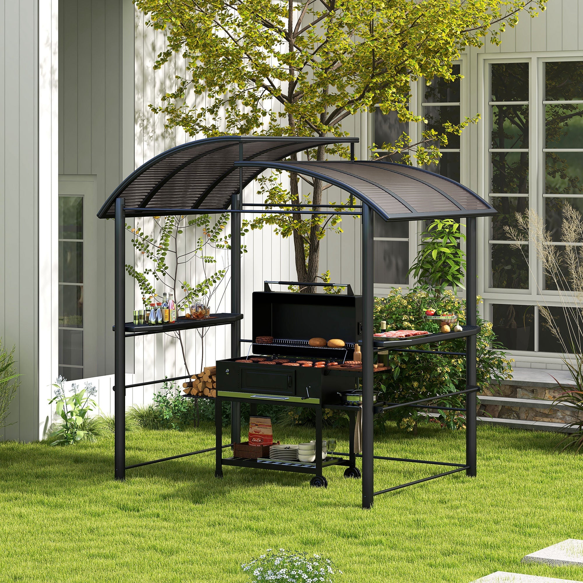Outsunny 2.4 x 1.5m Outdoor Grill Gazebo with Side Shelves, PC Board Roof, Dark Grey 