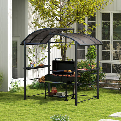 Outsunny 2.4 x 1.5m Outdoor Grill Gazebo with Side Shelves, PC Board Roof, Dark Grey 