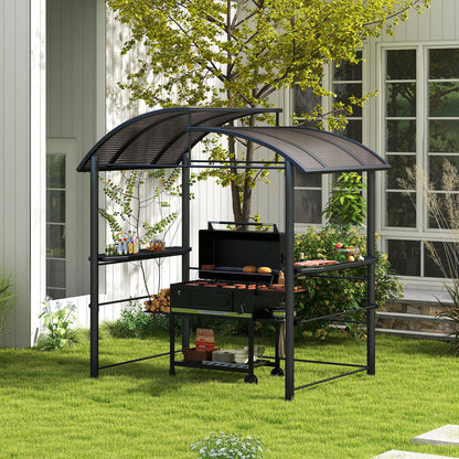 Outsunny 2.4 x 1.5m Outdoor Grill Gazebo with Side Shelves, PC Board Roof, Dark Grey 