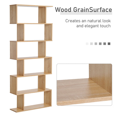 HOMCOM Bookcase, 6 Tier Shelf S Shaped Bookshelf, Storage Unit, Display Shelf for Living Room, Bedroom, Home Office, Plant, Oak 