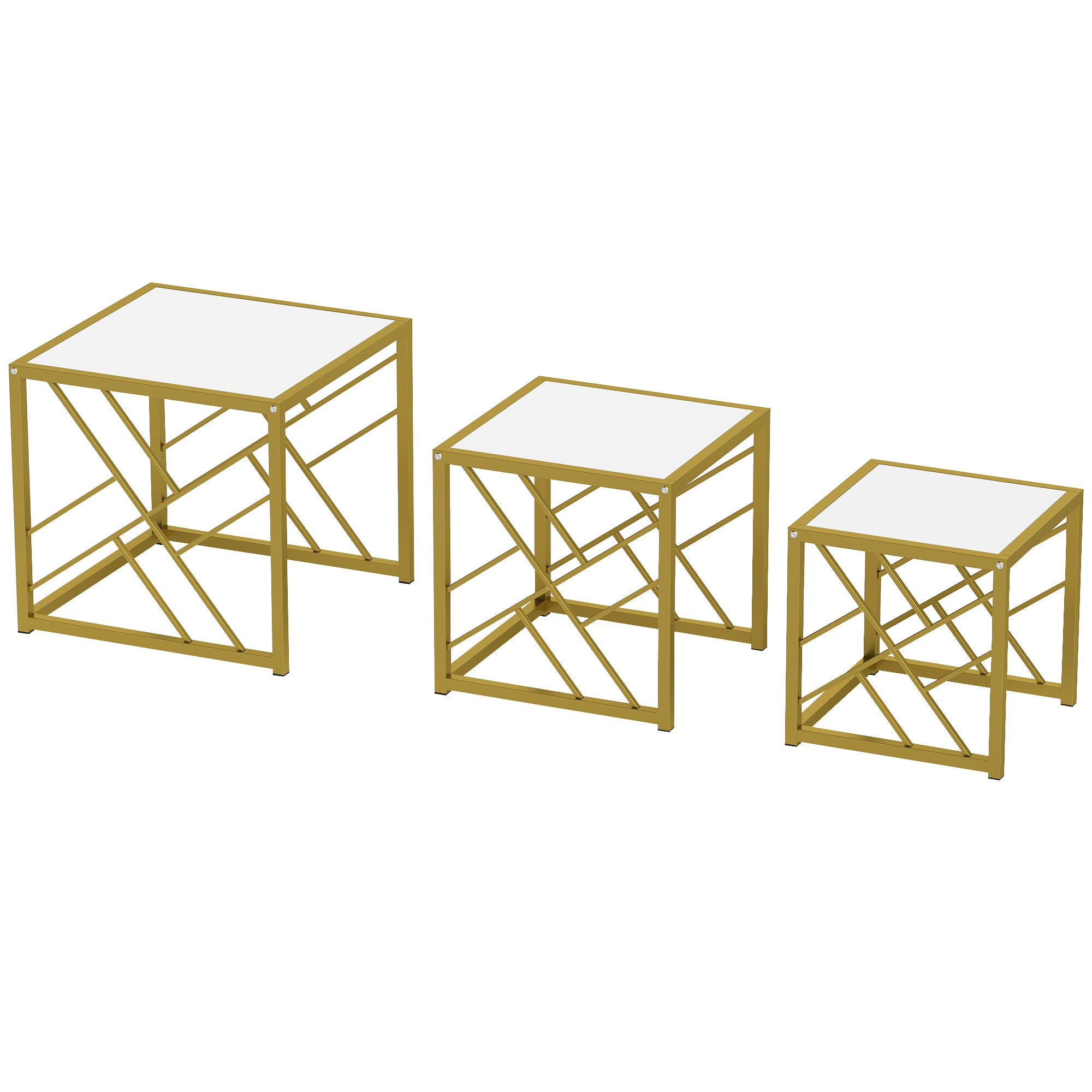 HOMCOM Nesting Coffee Tables, Set of 3 Square Side Tables with Black Metal Frame, for Living Room, Bedroom and Office, White 
