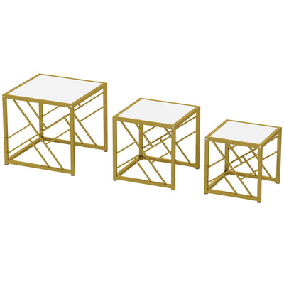 HOMCOM Nesting Coffee Tables, Set of 3 Square Side Tables with Black Metal Frame, for Living Room, Bedroom and Office, White 